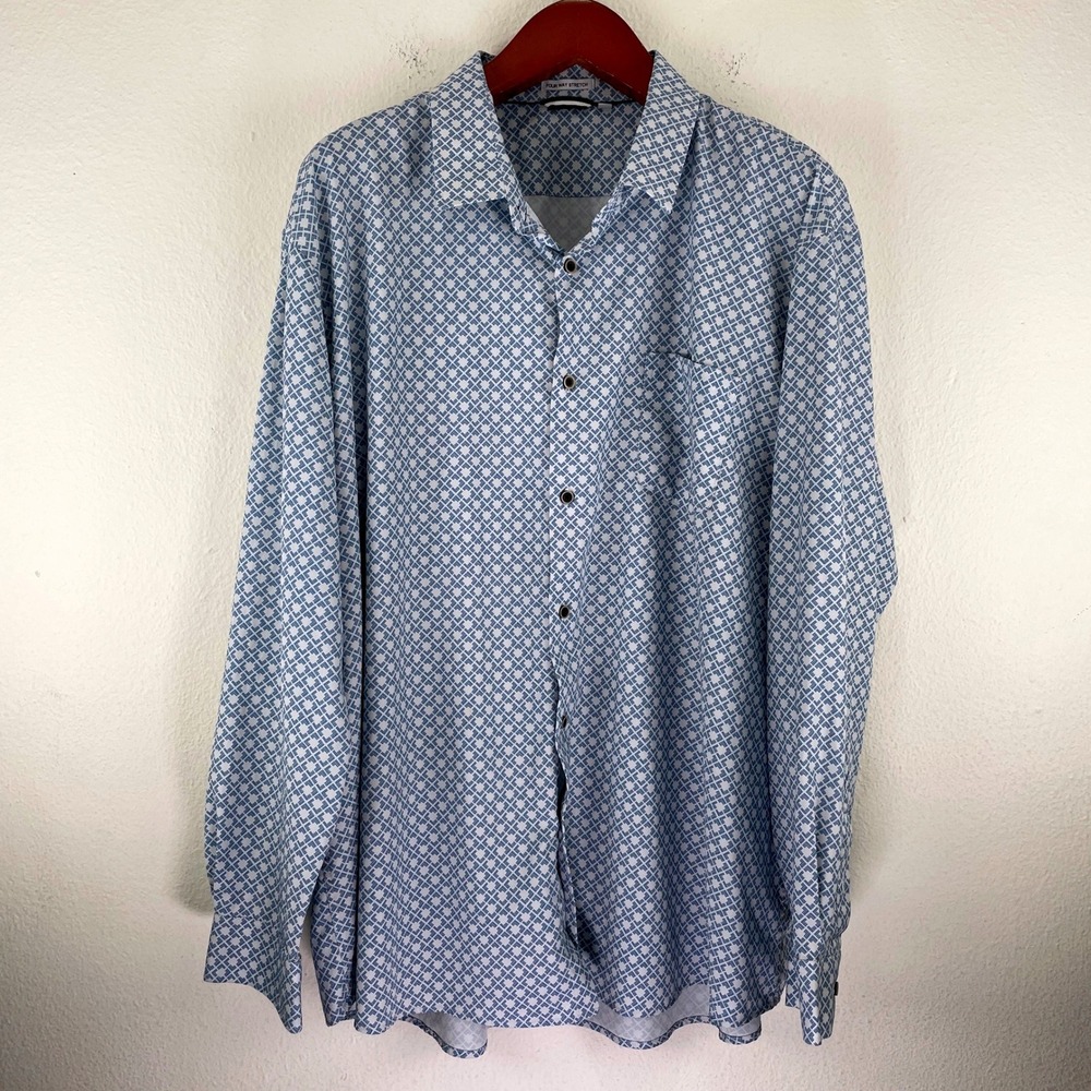 4-Way Stretch Mens 4XL Blue White Geometric Pattern Button Down Shirt Golf Club
